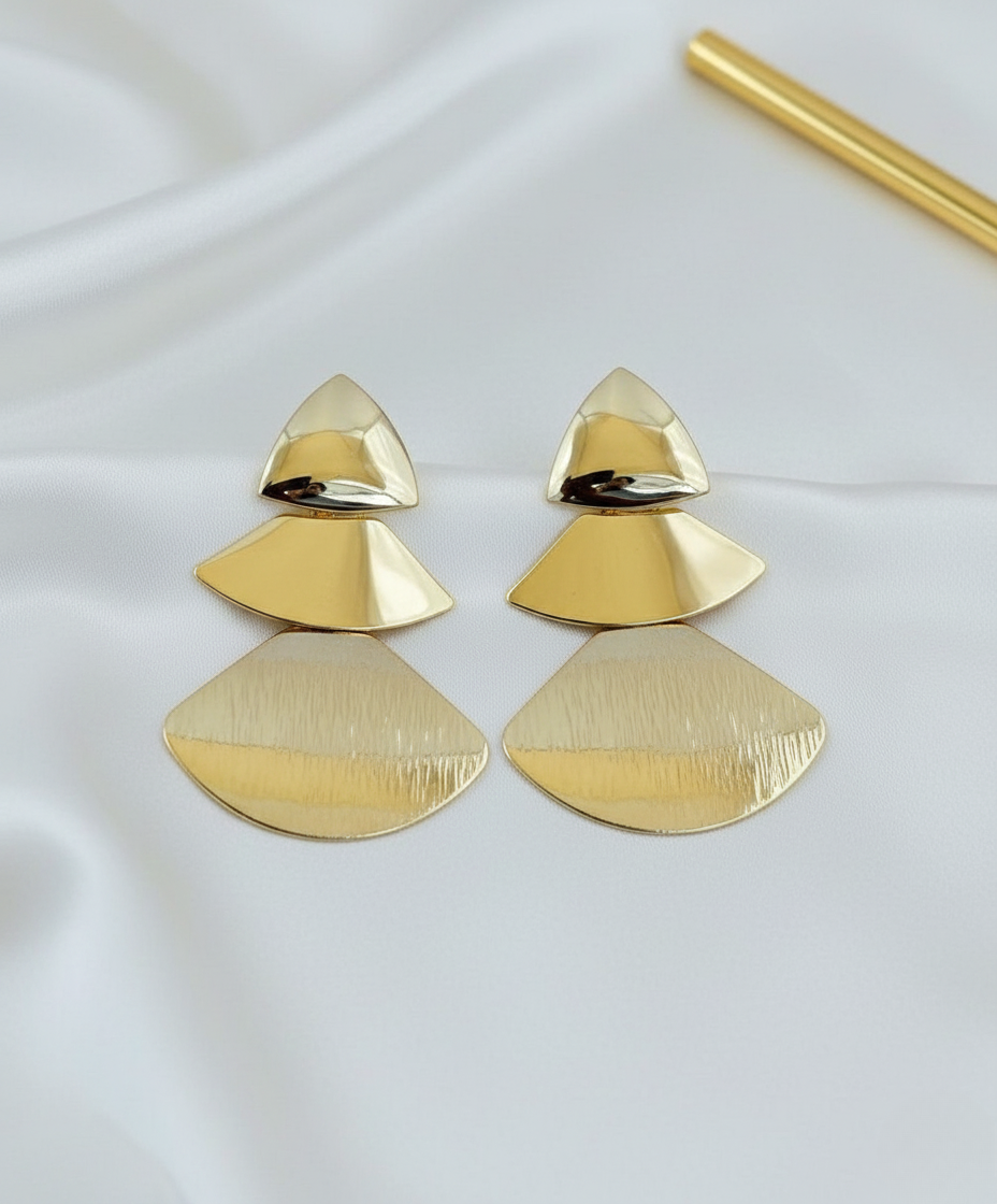 Gold Finish Layered Fan-Shaped Statement Drop Earrings