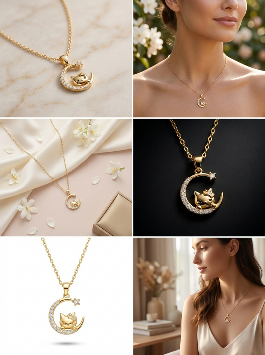 Golden Crescent Cat Pendant with Sparkling Charm