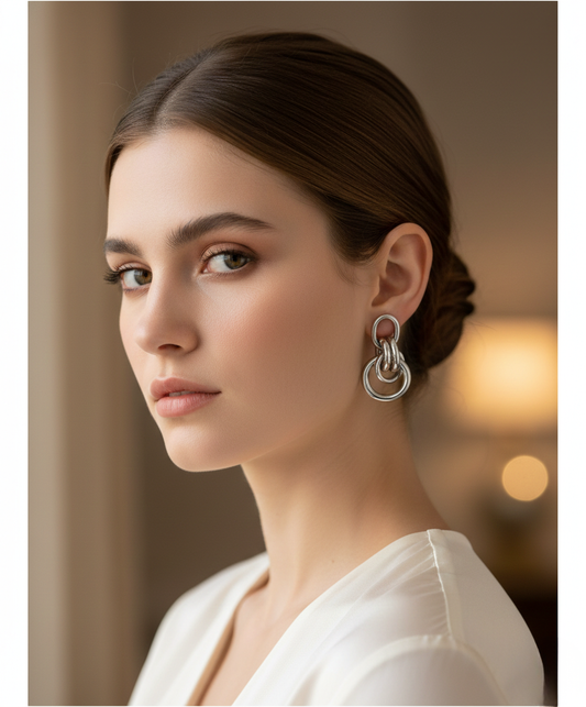 Silver Tone Multi-Ring Chain Drop Earrings