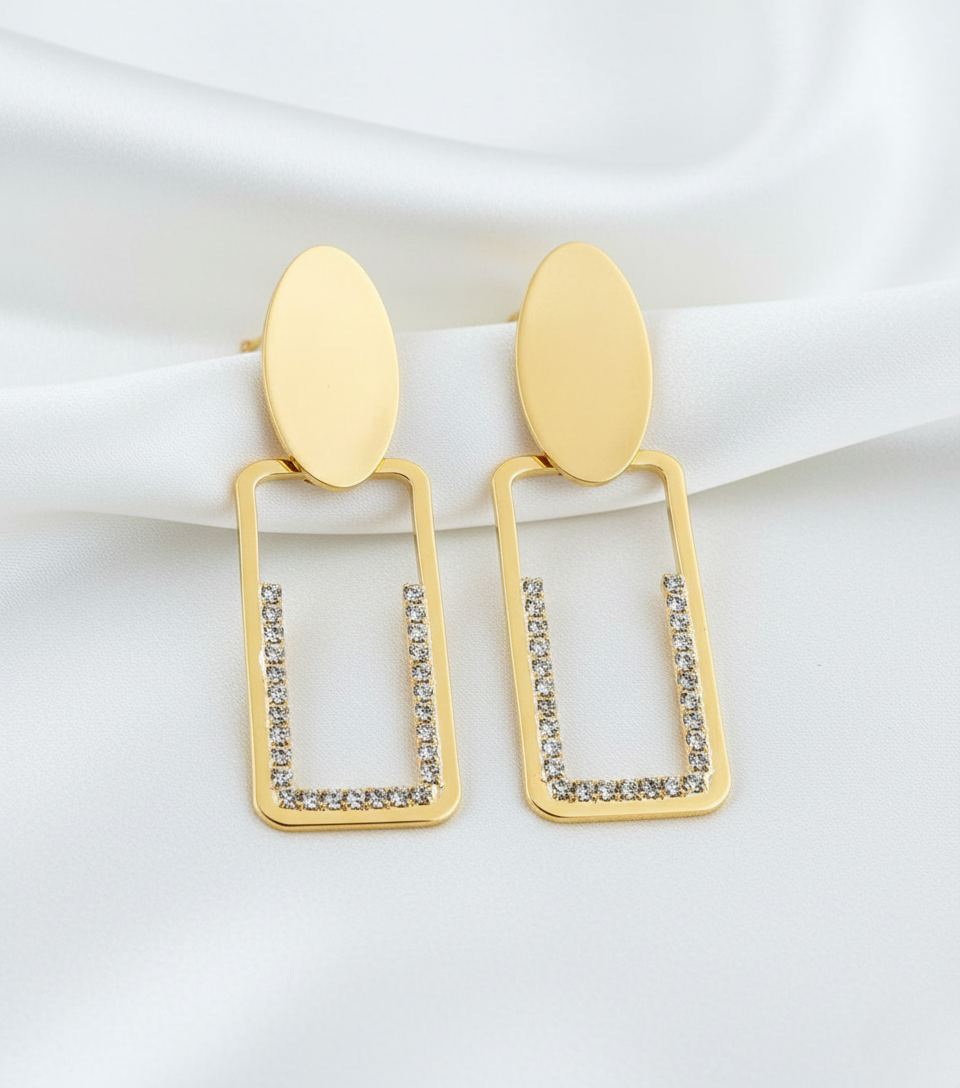 Gold Tone Crystal Rectangle Drop Earrings
