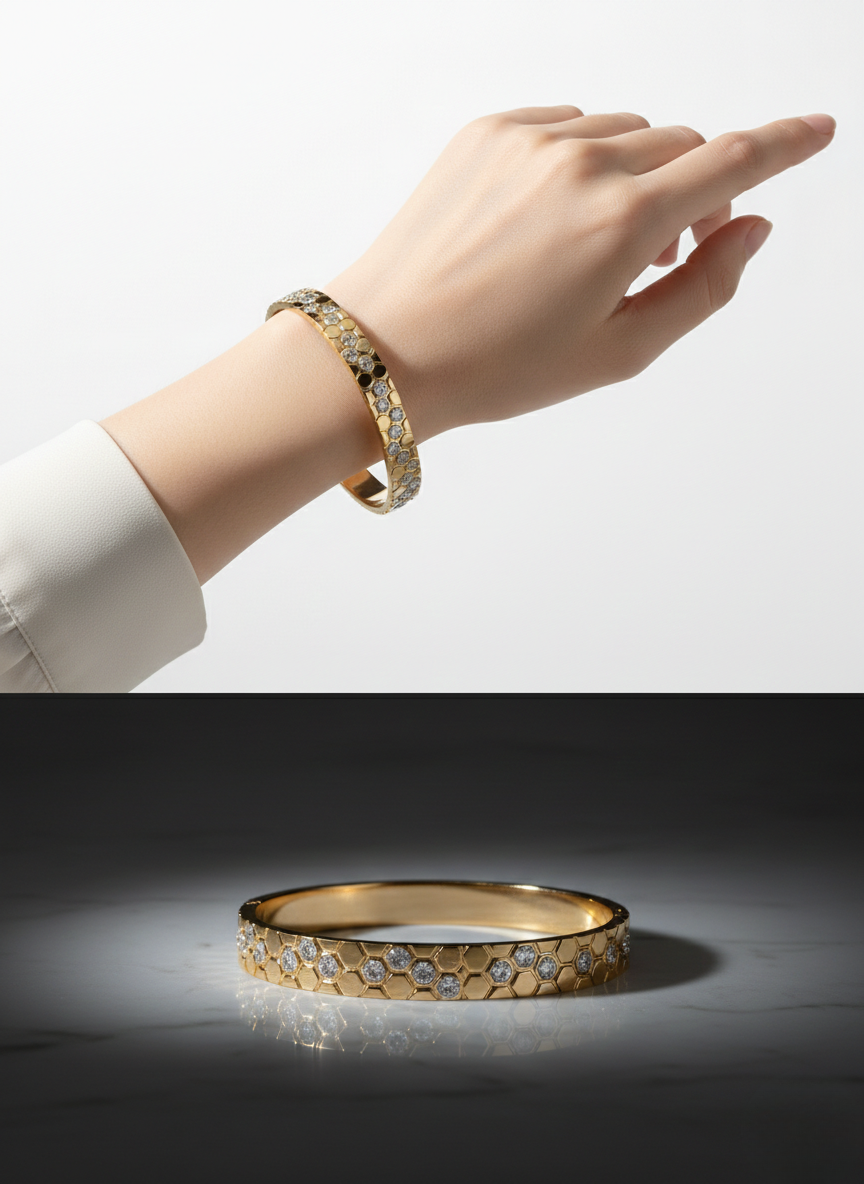 Elegant Gold Honeycomb Diamond Cuff Bracelet