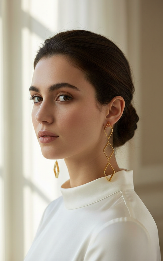 Gold Finish Geometric Diamond Drop Earrings