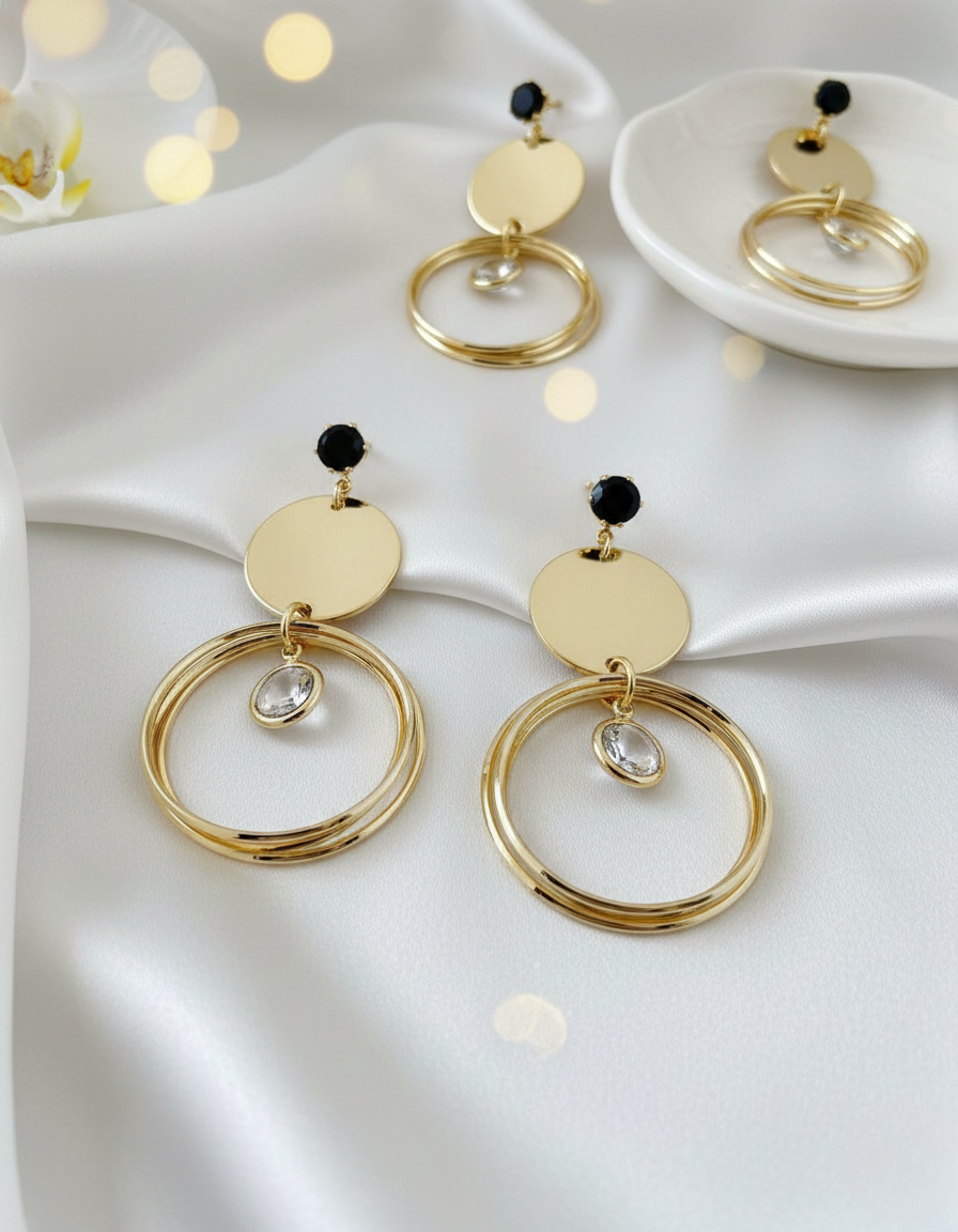 Gold Finish Geometric Hoop Drop Earrings with Crystal Accent