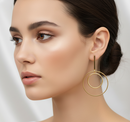 Gold Finish Bar and Double Hoop Drop Earrings