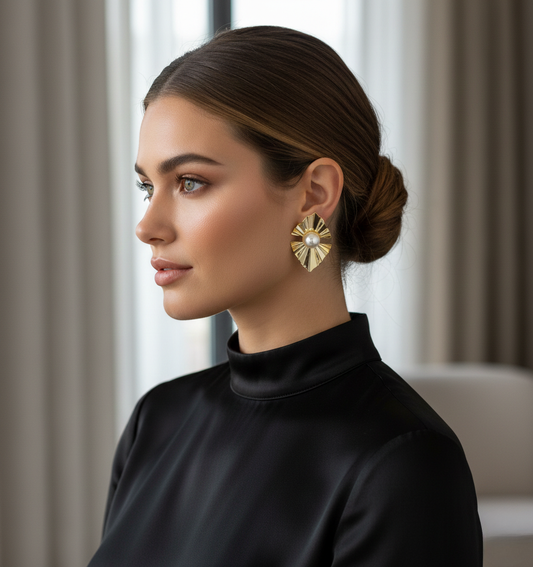 Gold Finish Fan-Shaped Stud Earrings with Pearl Center