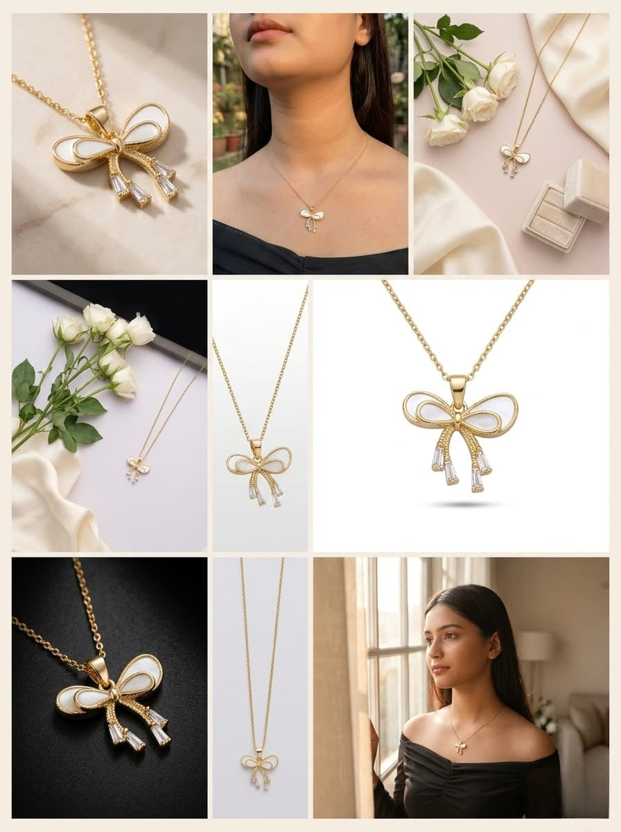 Elegant Gold Bow Pendant Necklace Jewelry