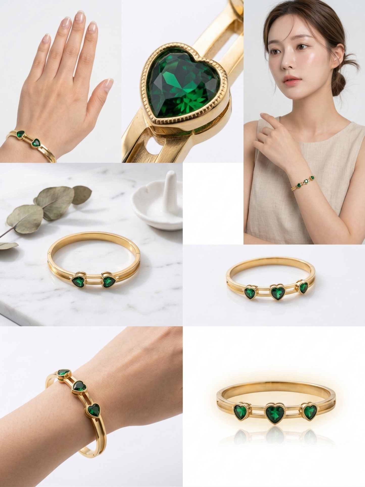 Elegant Korean Gold Bangle with Emerald Hearts
