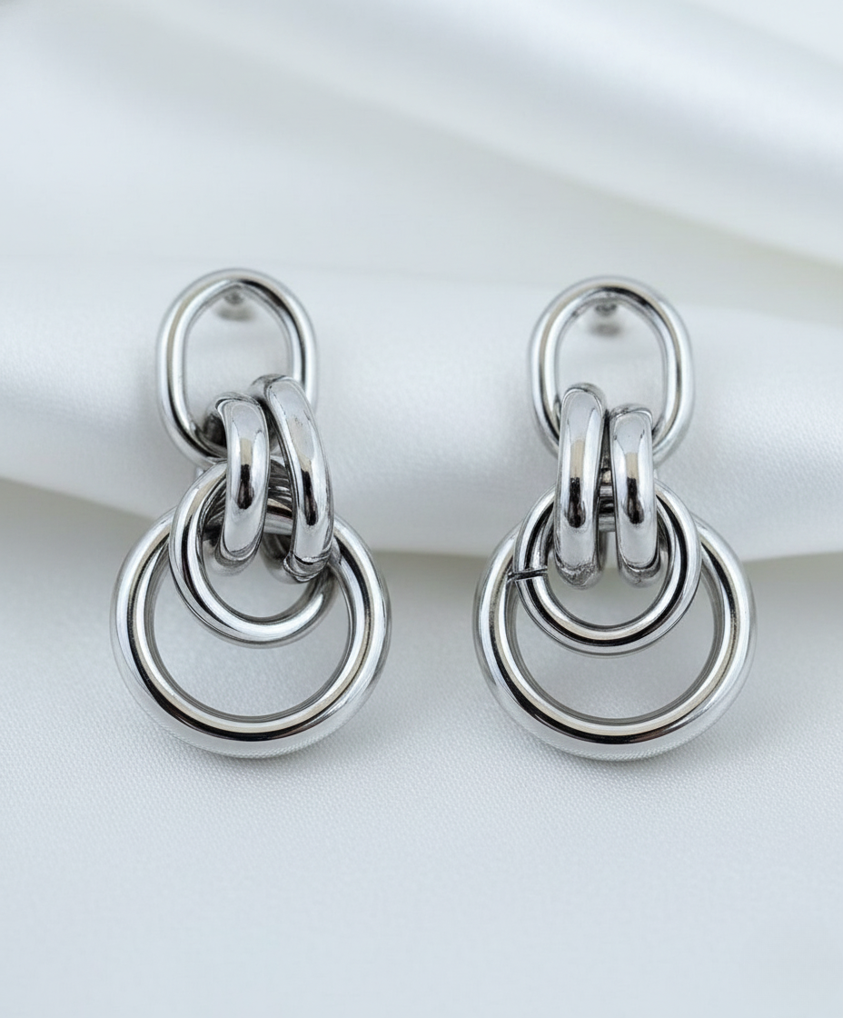 Silver Tone Multi-Ring Chain Drop Earrings