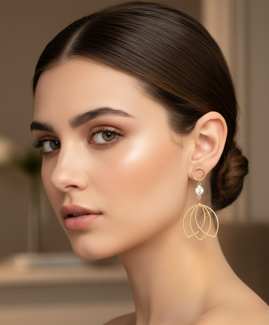 Gold Finish Crystal Accent Layered Petal Drop Earrings