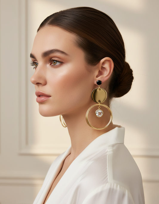 Gold Finish Geometric Hoop Drop Earrings with Crystal Accent