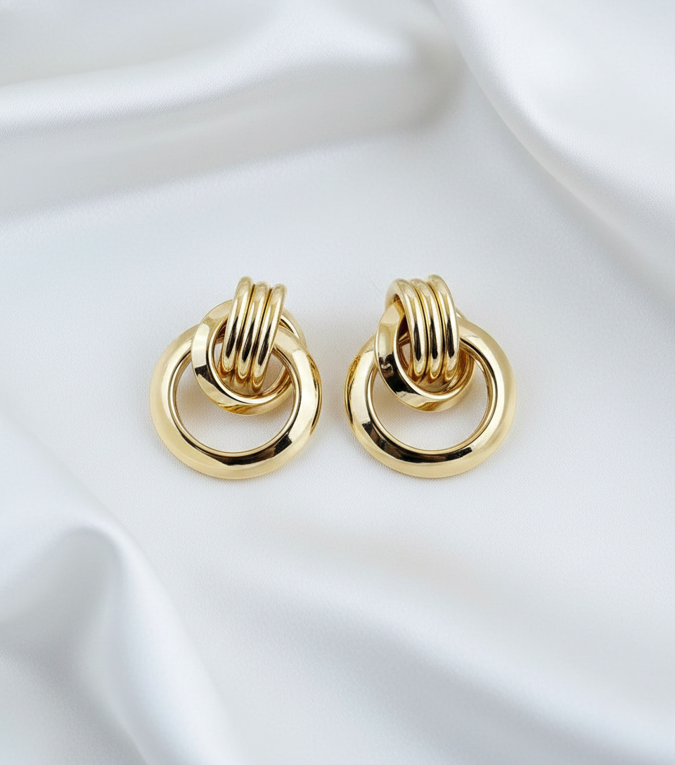 Gold Tone Interlinked Ring Stud Earrings