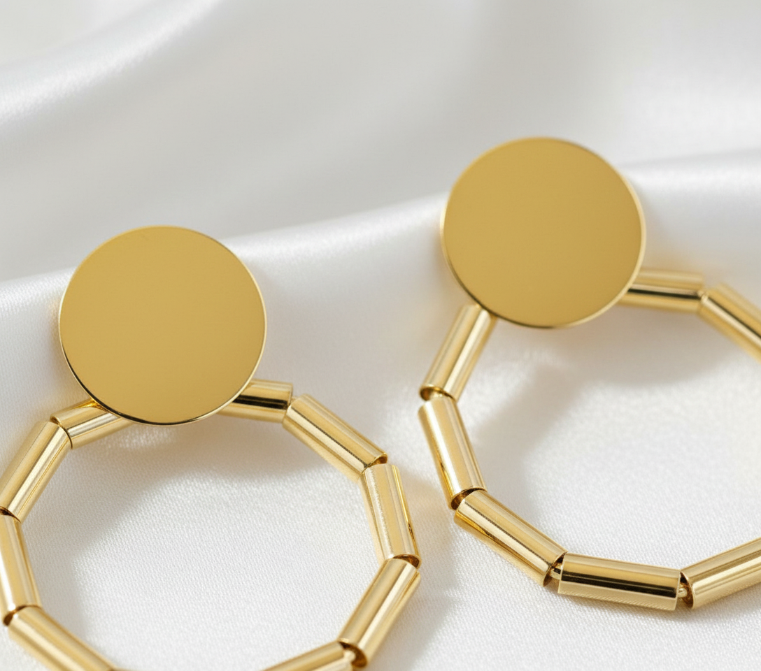 Gold Finish Beaded Hoop Drop Earrings