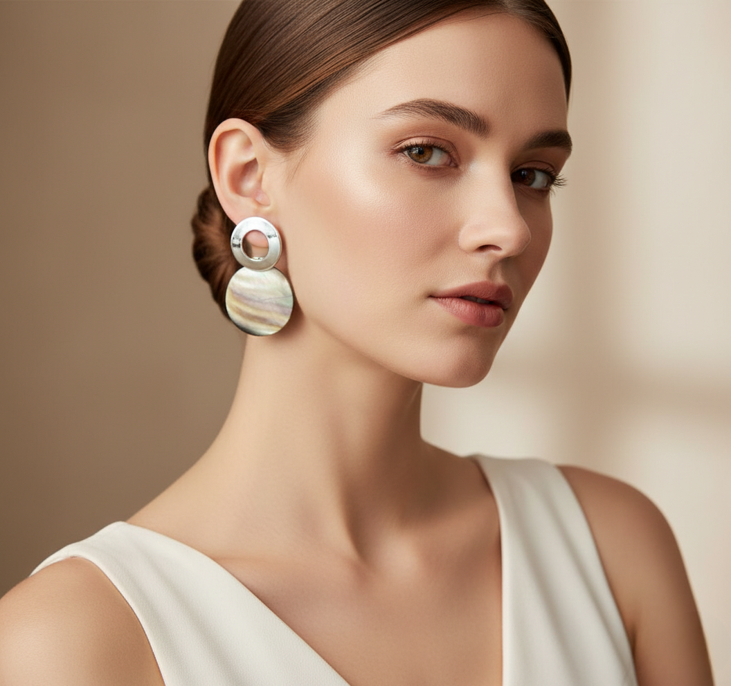 Silver Tone Circular Mother of Pearl Drop Earrings