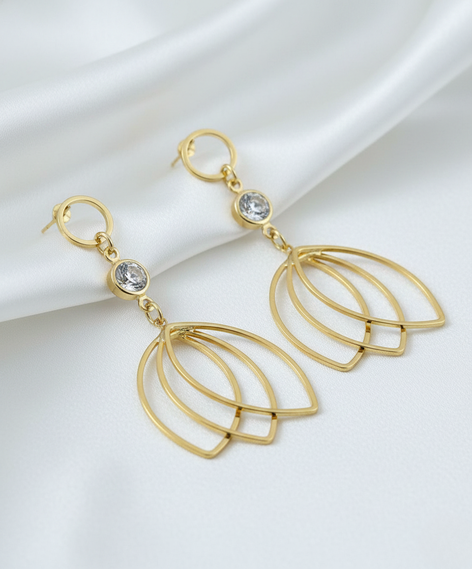 Gold Finish Crystal Accent Layered Petal Drop Earrings