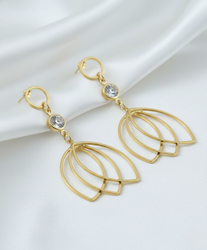 Gold Finish Crystal Accent Layered Petal Drop Earrings