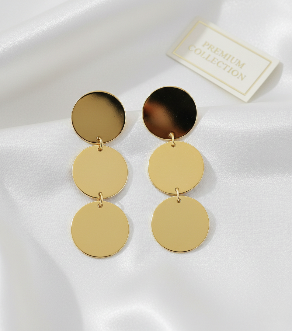 Gold Finish Triple Disc Drop Earrings for Women