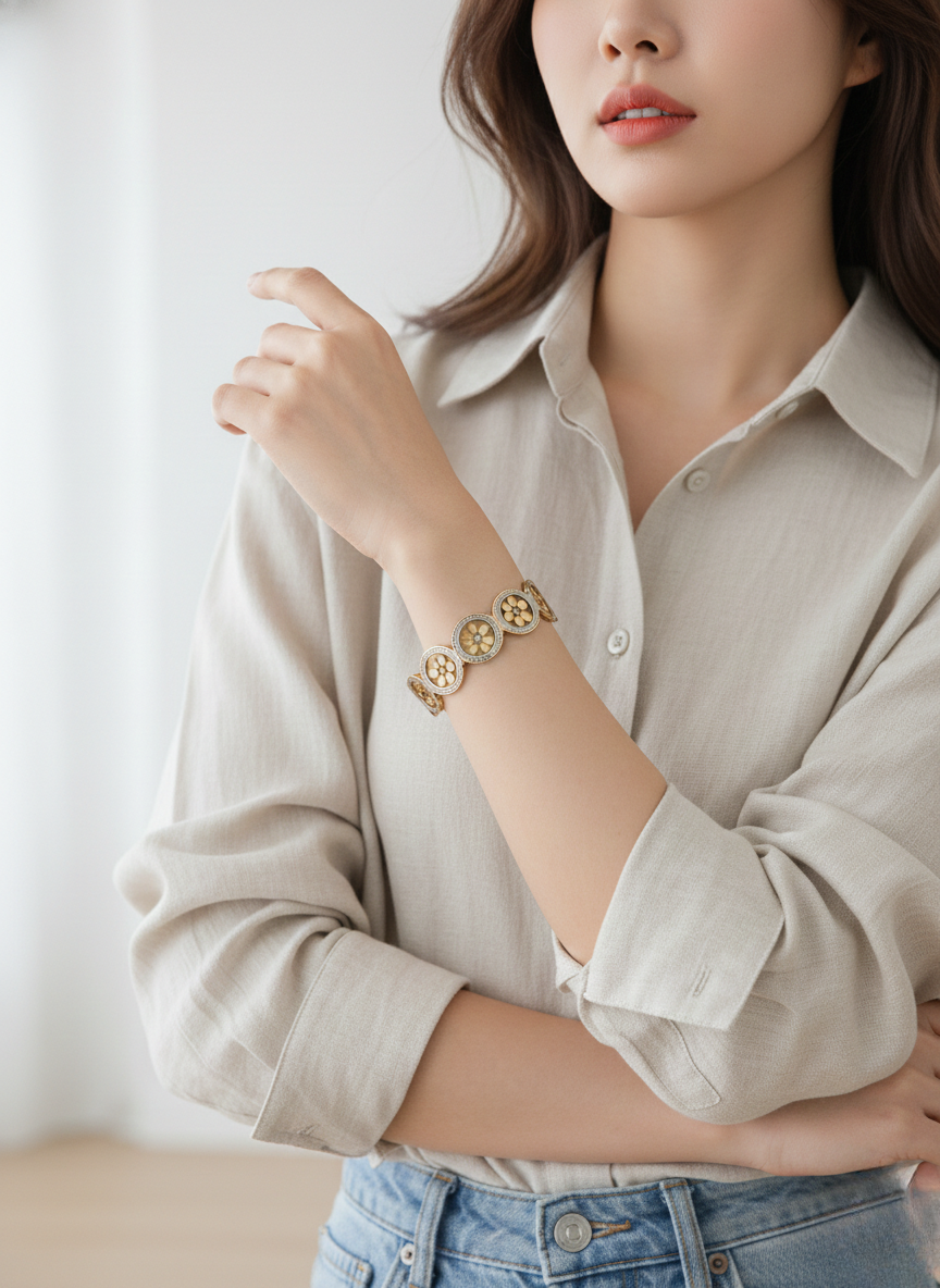 Golden Floral Bracelet with Pearls and Camellia