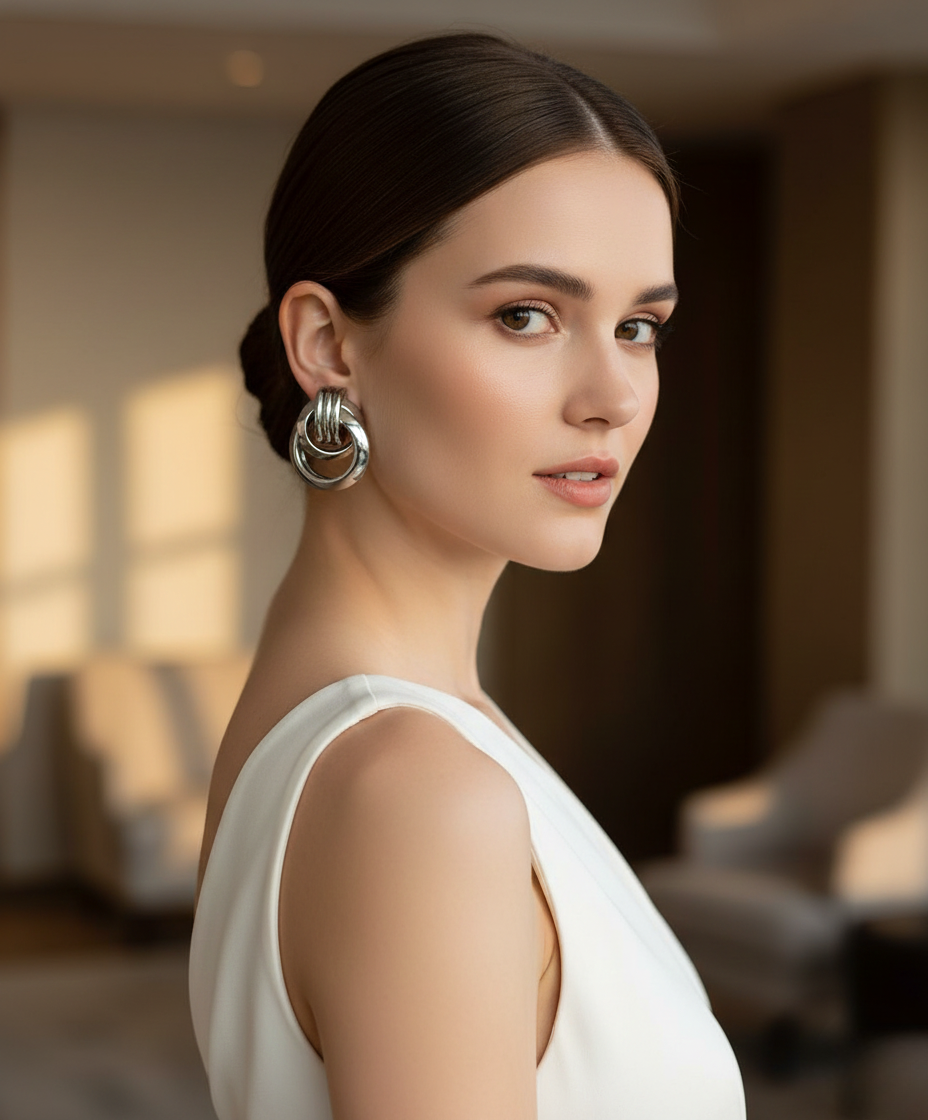 Silver Tone Interlinked Ring Stud Earrings