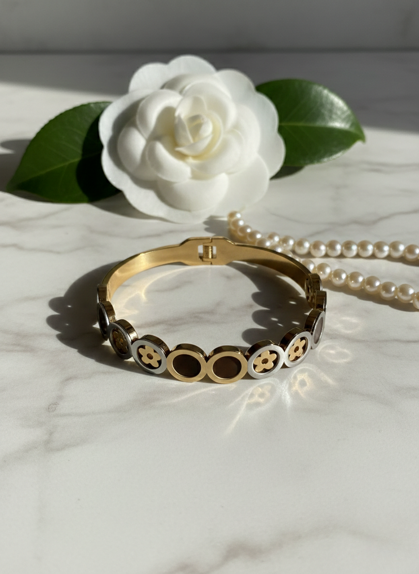 Golden Floral Bracelet with Pearls and Camellia