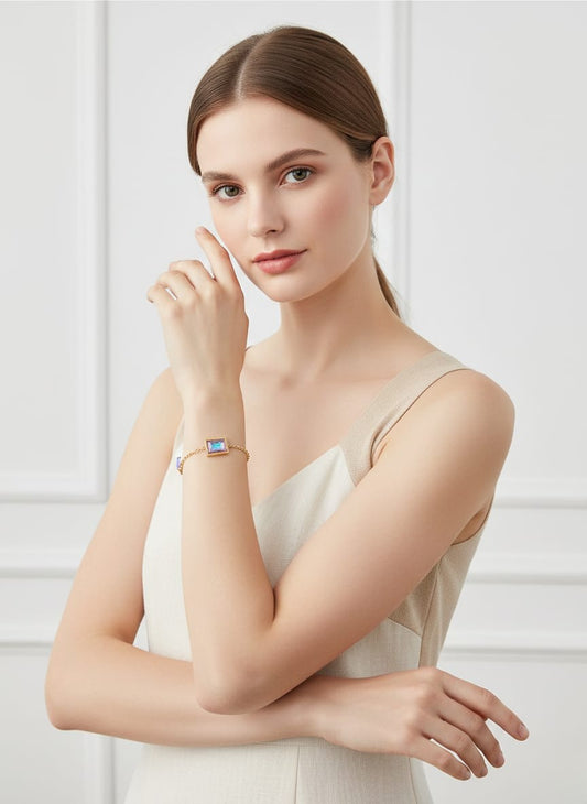 Elegant Gold Bracelet with Iridescent Square Gemstones