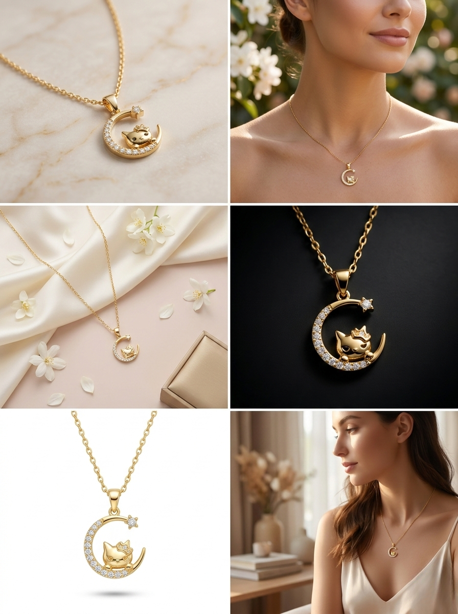 Golden Crescent Cat Pendant with Sparkling Charm