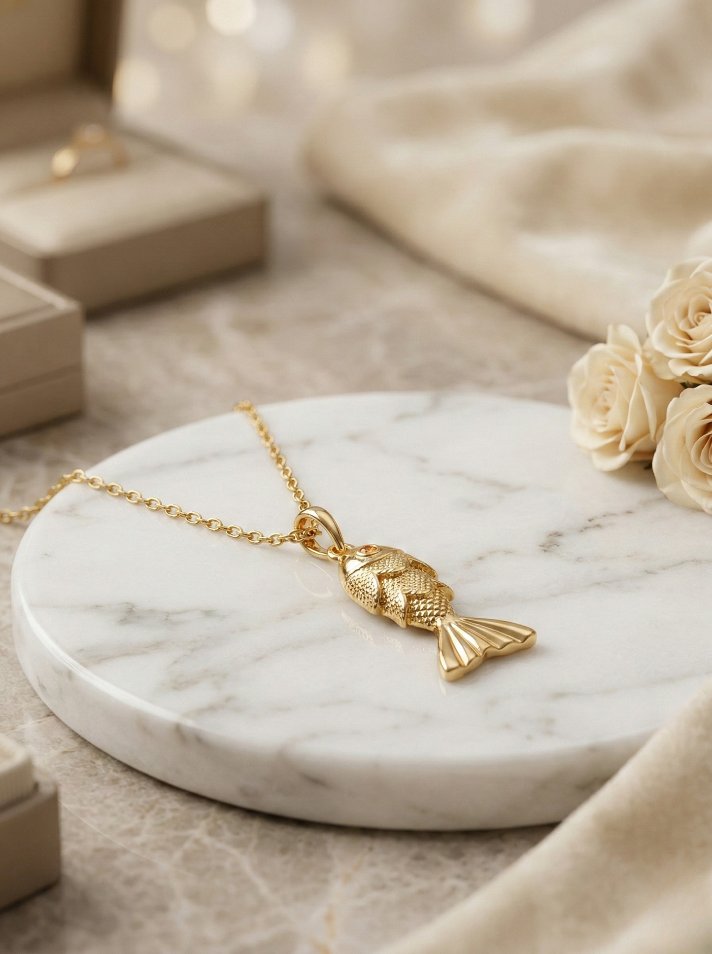 Golden Aquatic Elegance: Fish Pendant on Marble