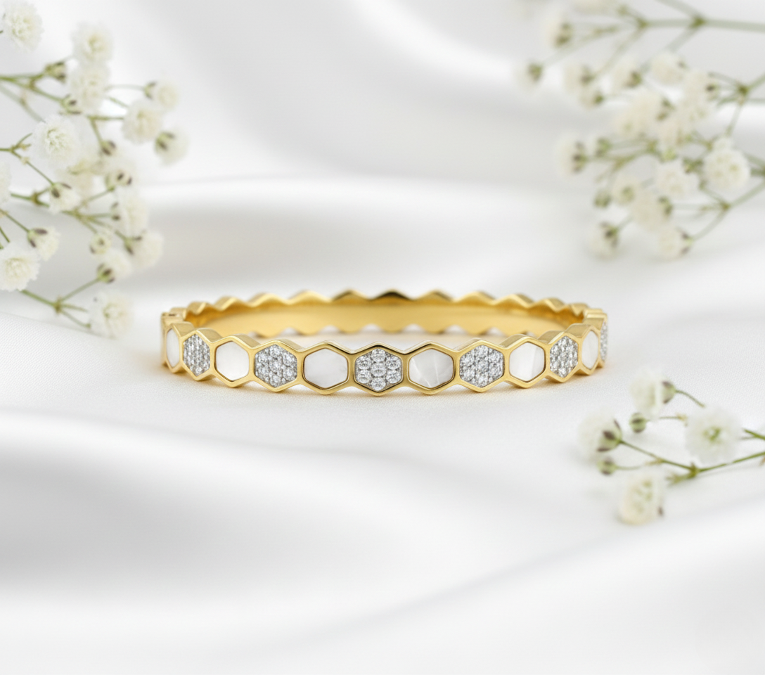 Honeycomb Crystal Gold Plated Stainless Steel Korean Kada Bracelet