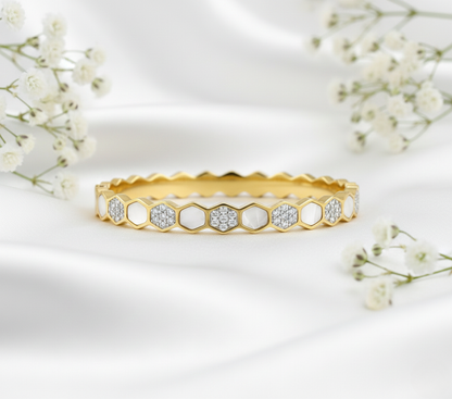 Honeycomb Crystal Gold Plated Stainless Steel Korean Kada Bracelet