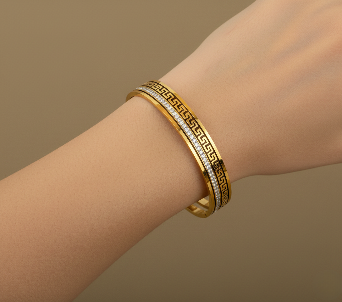 Premium Gold Greek Key Kada Bracelet with Crystal Line