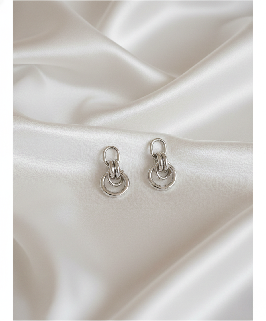 Silver Tone Multi-Ring Chain Drop Earrings