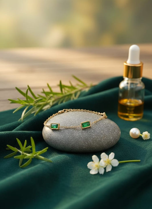 Elegant Gold Emerald Green Baguette Stone Bracelet