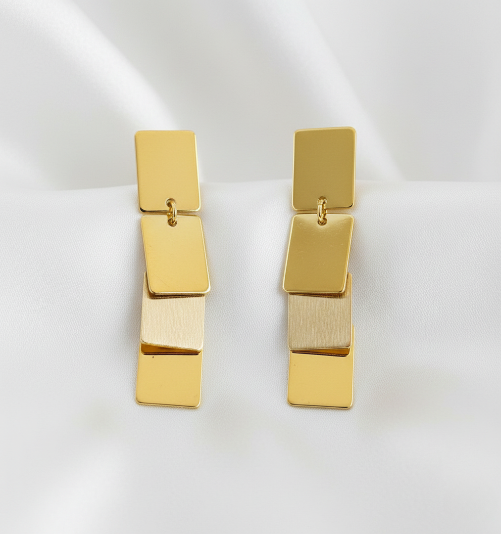 Gold Tone Layered Rectangle Drop Earrings