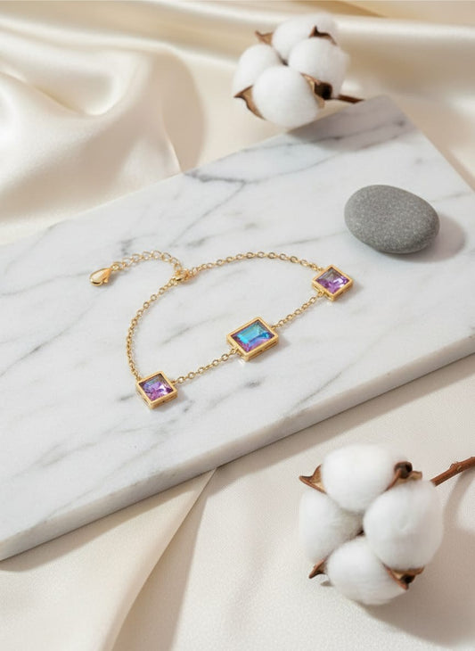 Elegant Gold Bracelet with Iridescent Square Gemstones