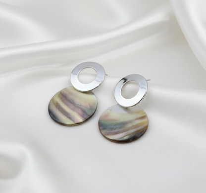 Silver Tone Circular Mother of Pearl Drop Earrings