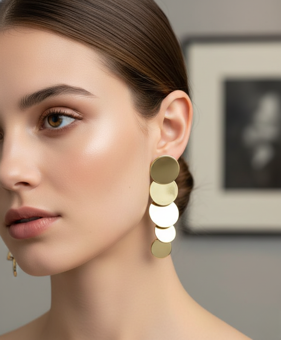 Gold Finish Cascading Disc Drop Earrings