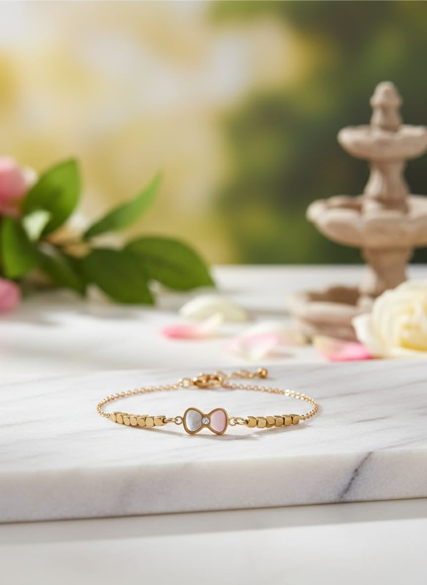 Dainty Gold Pink Bow Mother of Pearl Bracelet