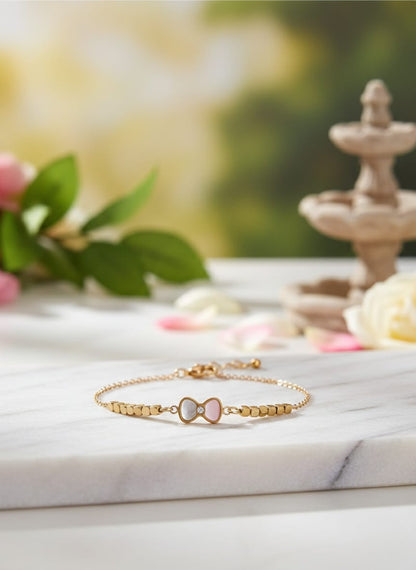Dainty Gold Pink Bow Mother of Pearl Bracelet