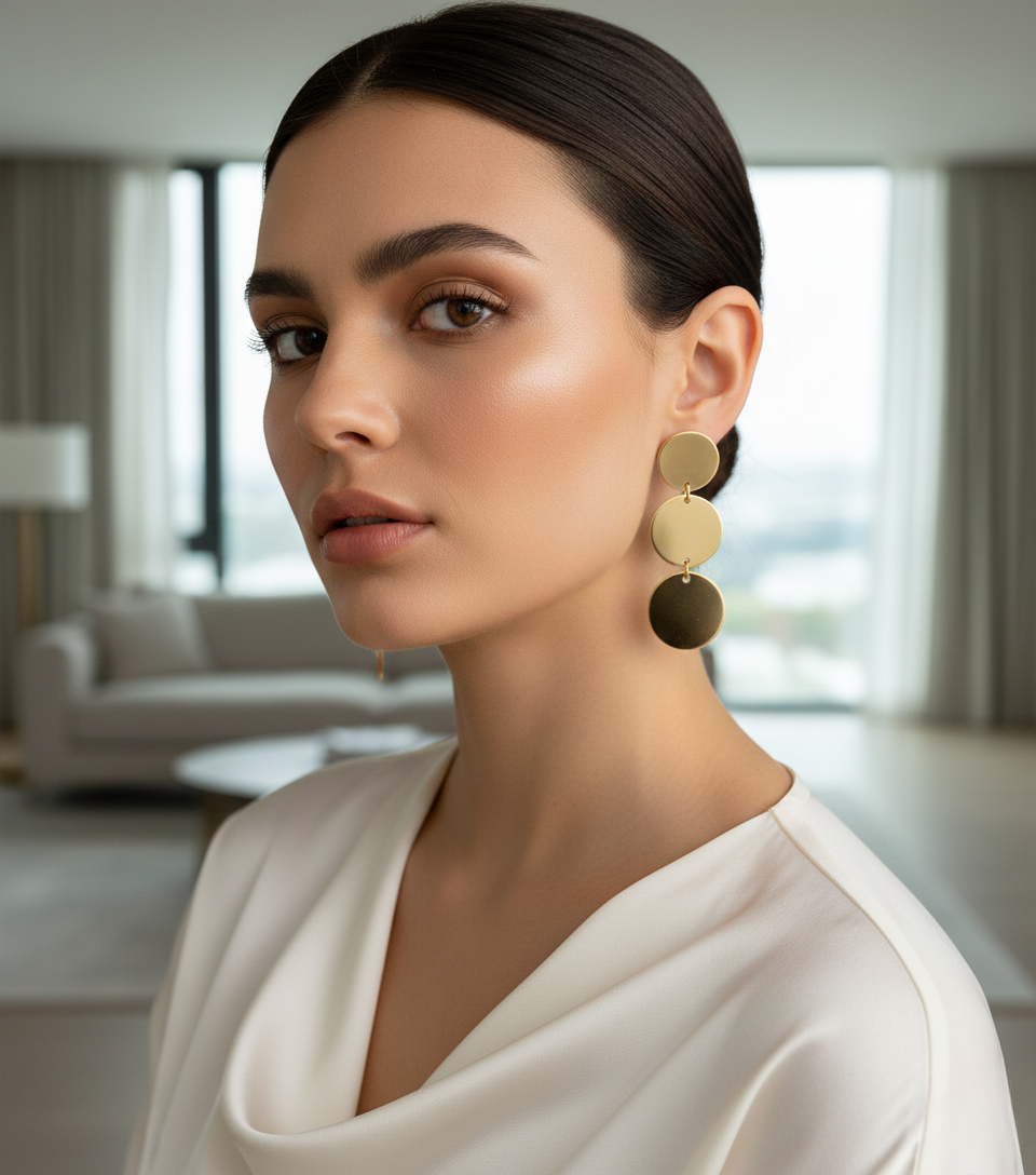 Gold Finish Triple Disc Drop Earrings for Women