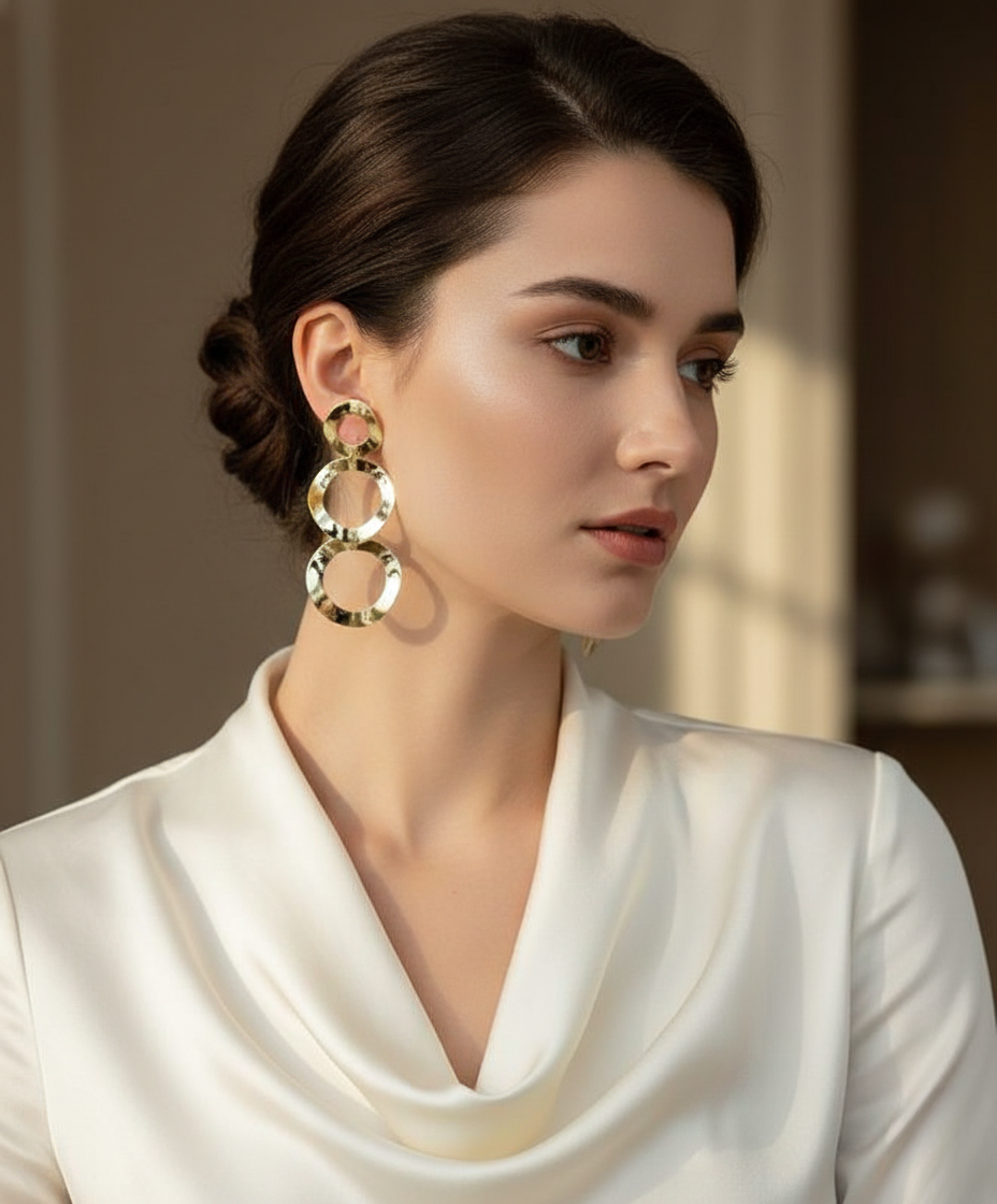 Gold Finish Triple Ring Drop Earrings