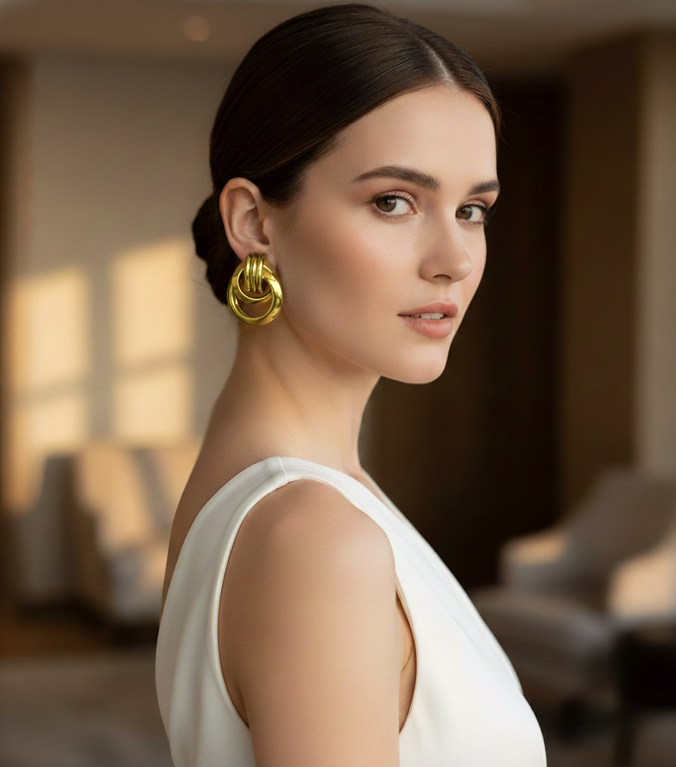 Gold Tone Interlinked Ring Stud Earrings