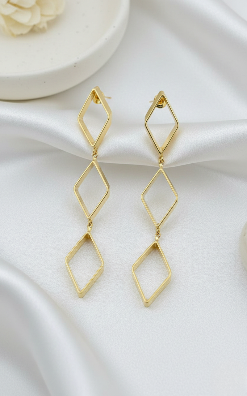 Gold Finish Geometric Diamond Drop Earrings
