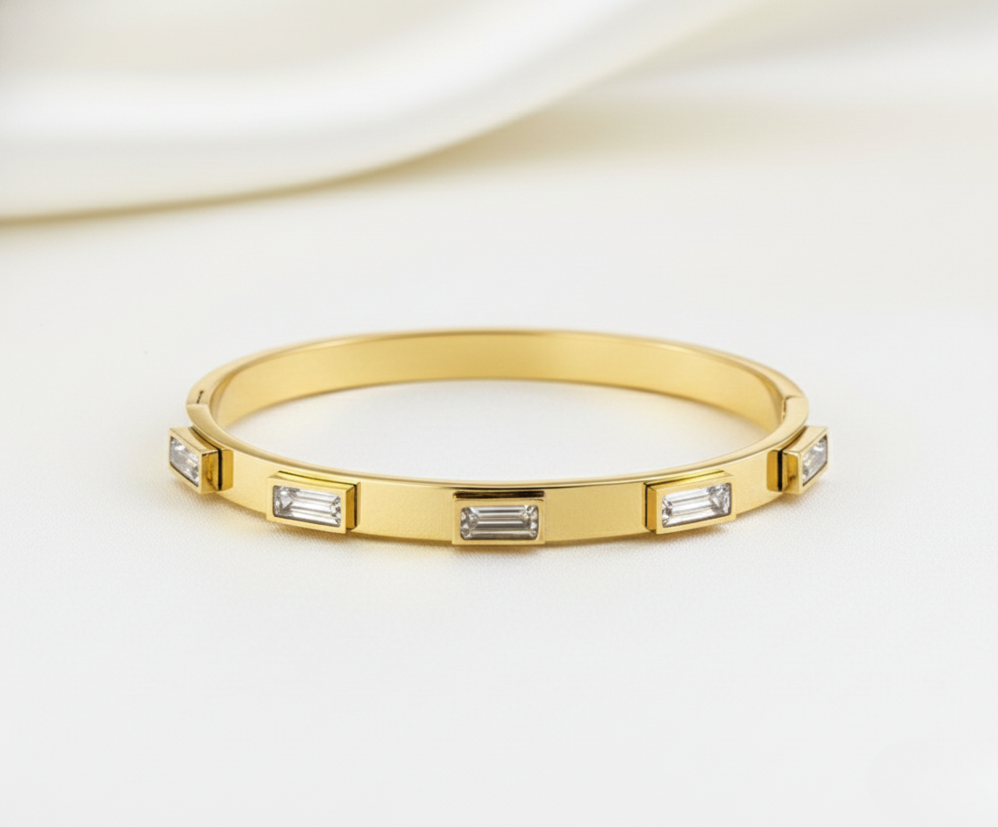 Radiant Crystal Bar Gold Plated Stainless Steel Korean Kada Bracelet
