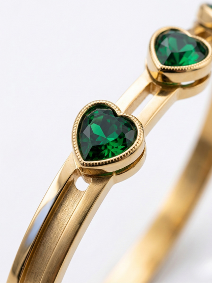 Elegant Korean Gold Bangle with Emerald Hearts
