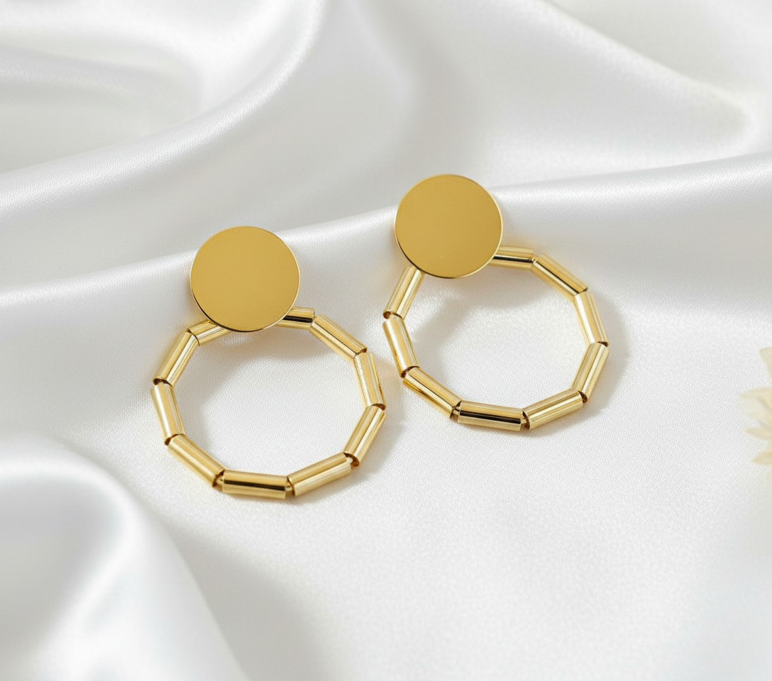 Gold Finish Beaded Hoop Drop Earrings