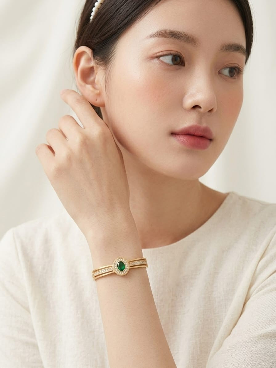 Elegant Korean Gold Kada with Emerald Stone