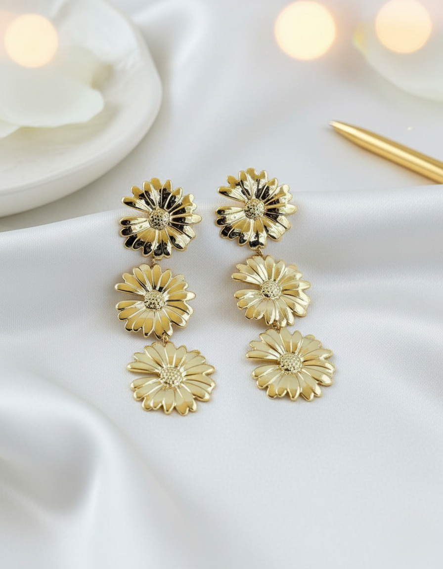 Gold Finish Daisy Floral Drop Earrings