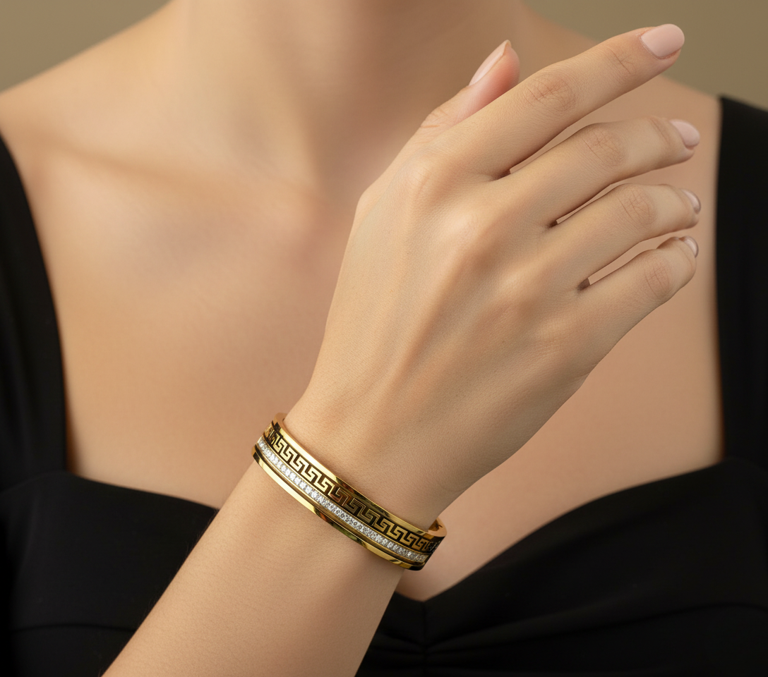 Premium Gold Greek Key Kada Bracelet with Crystal Line