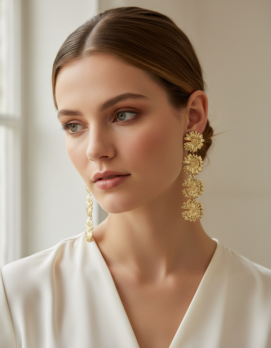 Gold Finish Daisy Floral Drop Earrings