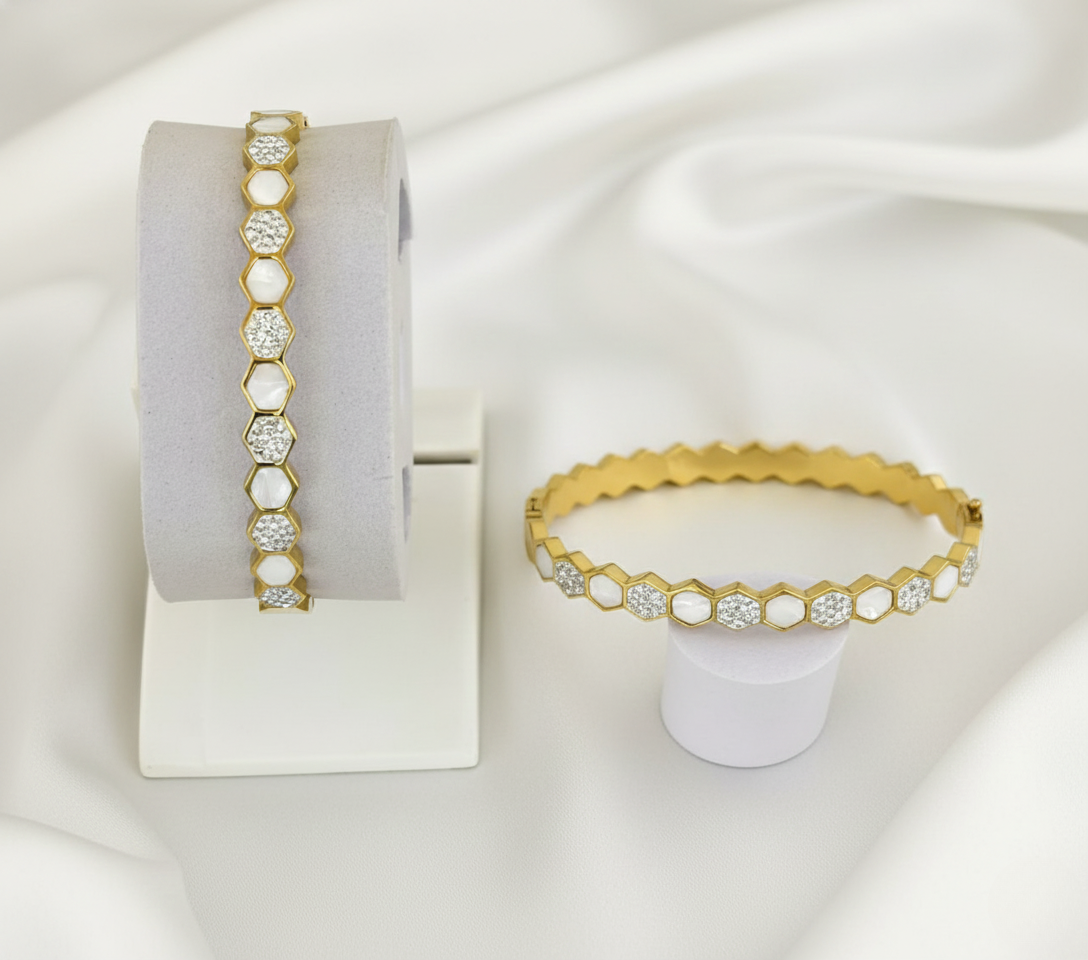 Honeycomb Crystal Gold Plated Stainless Steel Korean Kada Bracelet