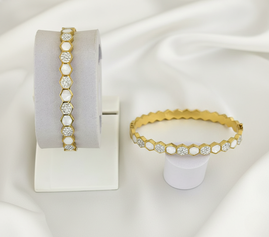 Honeycomb Crystal Gold Plated Stainless Steel Korean Kada Bracelet